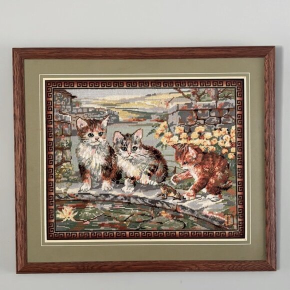 Vintage Cat Framed Cross Stitch Picture 27” x 23” - Picture 1 of 9